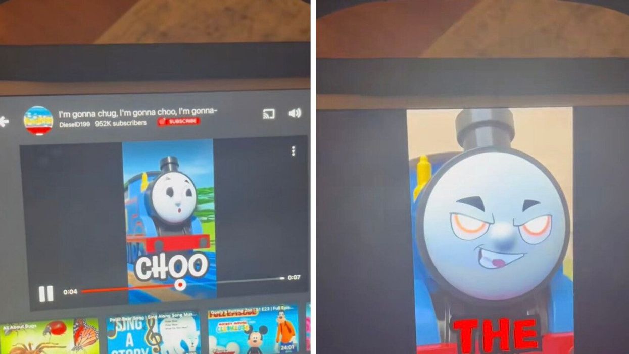 The cartoon train on Bishop's viral TikTok post. Right: The YouTube Kids cartoon train on Bishop's viral post.