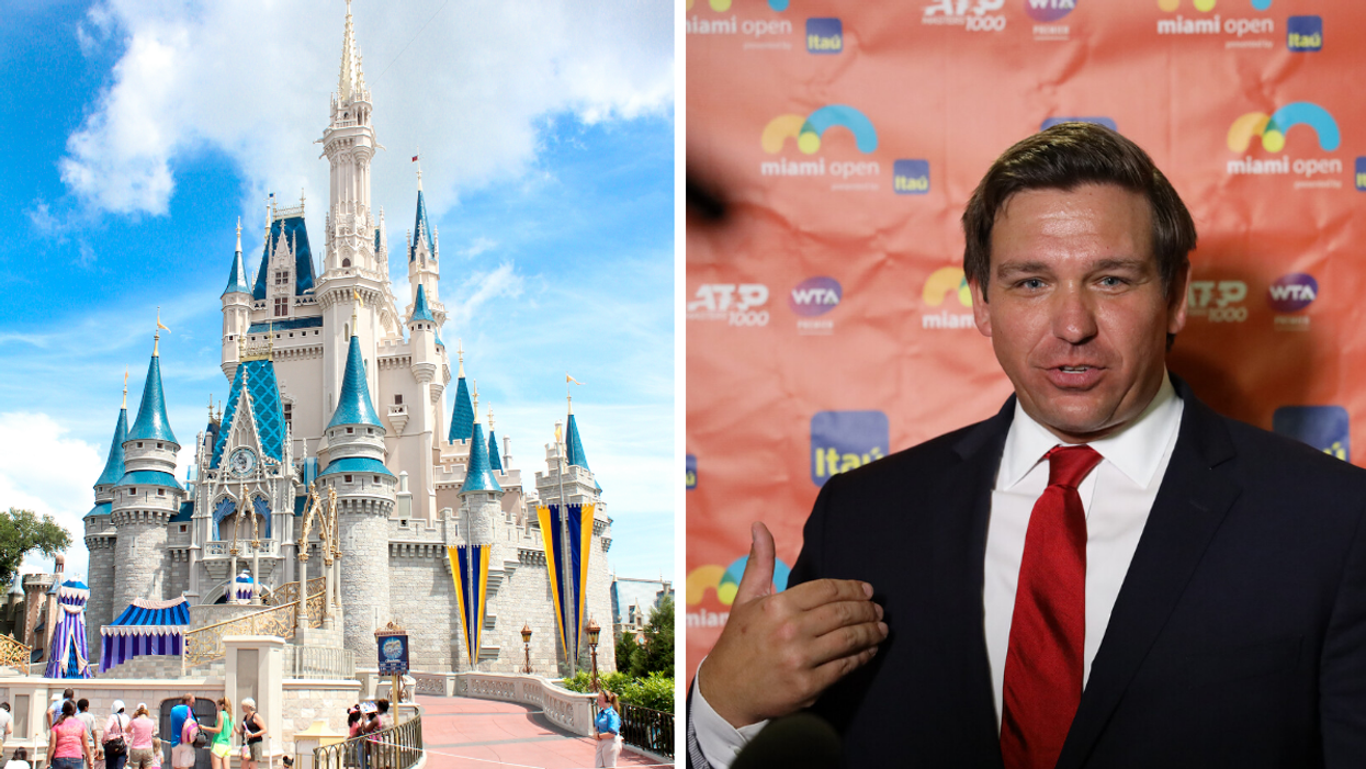 The castle at Walt Disney World. Right: Florida Governor Ron DeSantis.