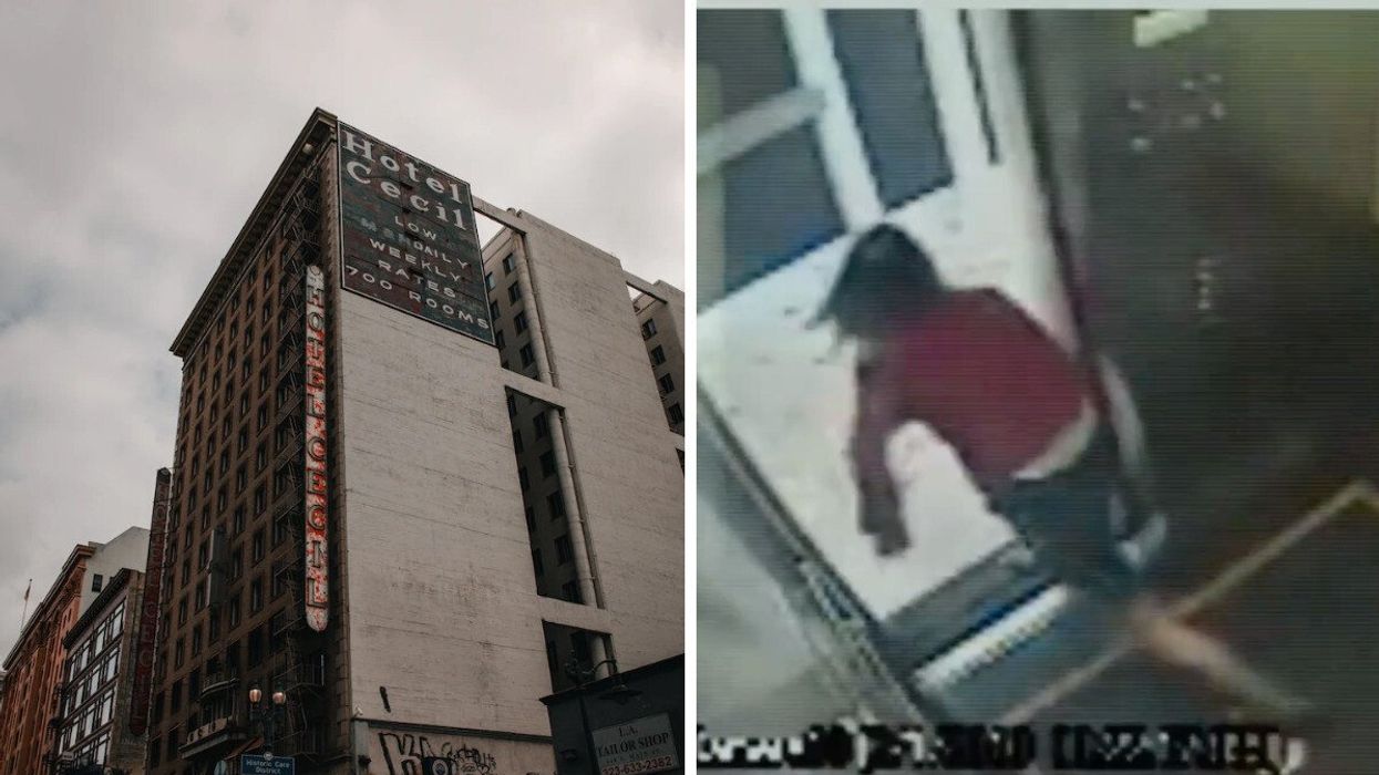 The Cecil Hotel. Right: Footage of Elisa Lam in the elevator.