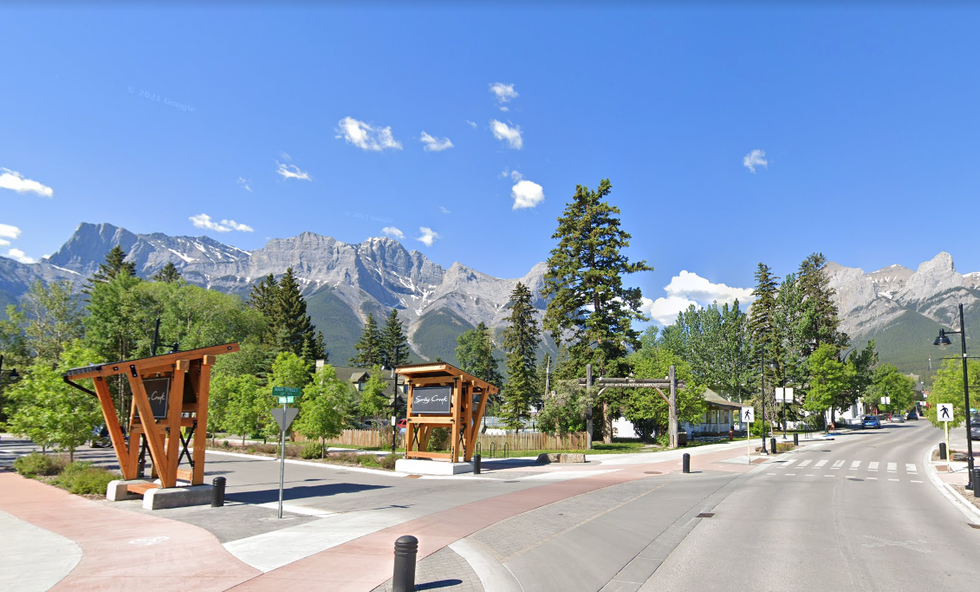 The centre of Canmore looking at the Three Sisters mountain range.