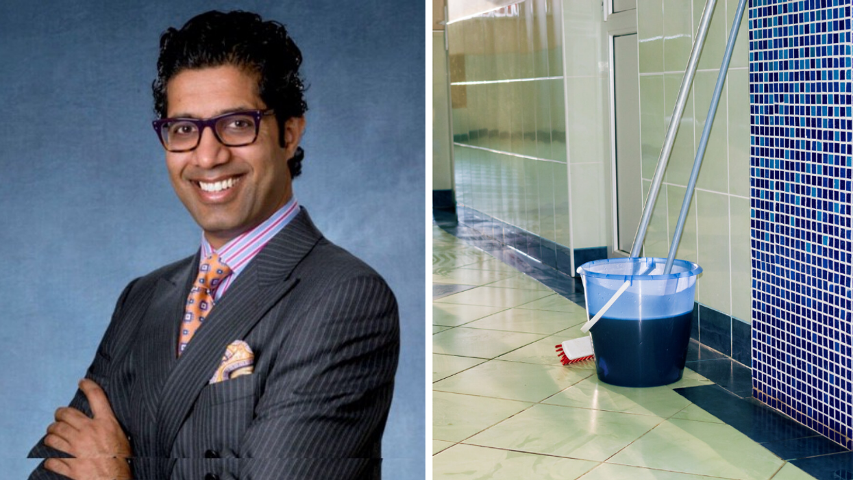The CEO of Fairmont Hot Springs Resort, Vivek Sharma. Right: A broom and bucket in a hallway.