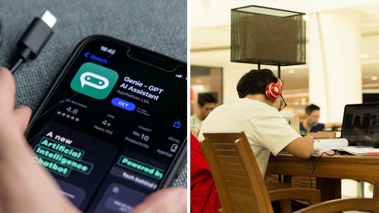 The ChatGPT app. Right: A student working at a library.