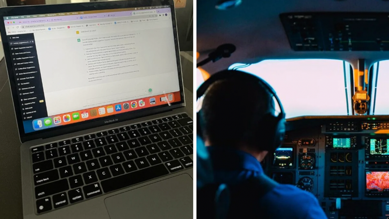 The ChatGPT program on a laptop. Right: A pilot operates an aircraft.