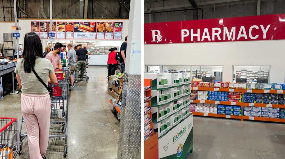 The checkout line at Costco. Right: Costco pharmacy section.