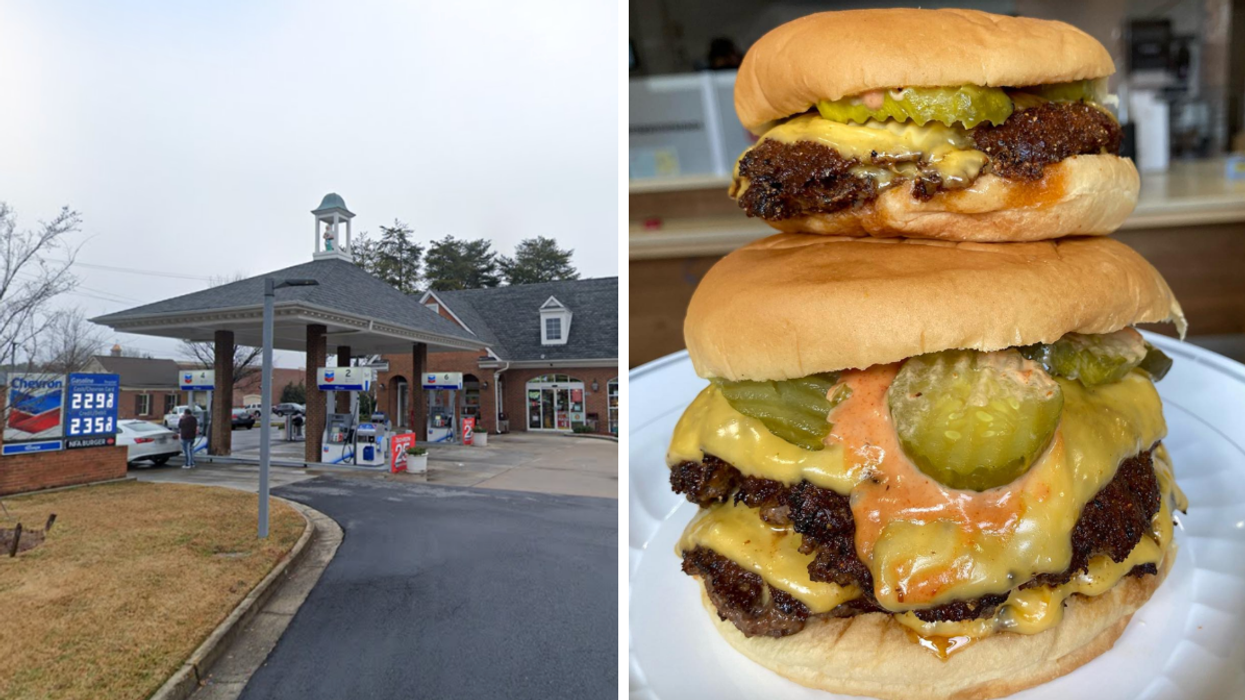The Chevron Gas station in Dunwoody, GA. Right: Burgers from NFA Burger.