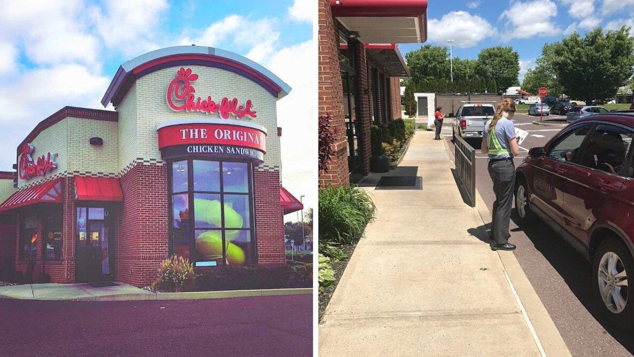 The Chick-fil-A in Royersford, PA. Right: Chick-fil-A employees taking orders at the Royersford location.