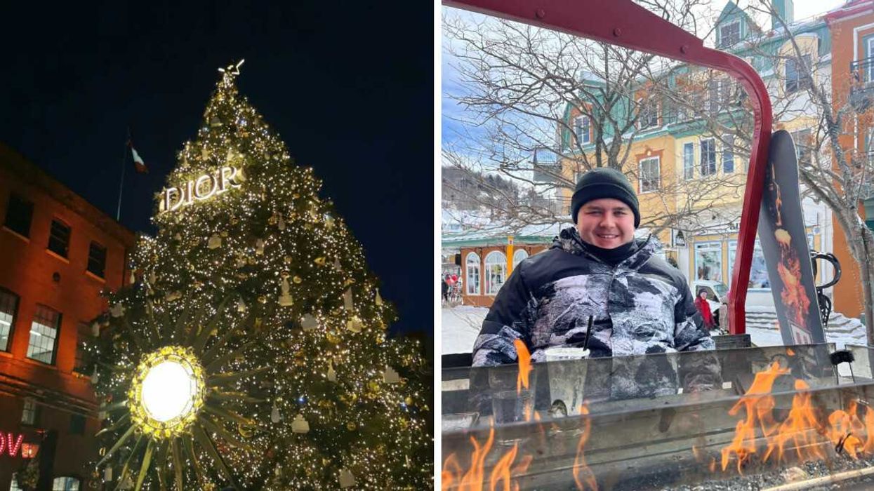 The Christmas tree at the Distillery District in 2024. Right: Narcity's Tomás Keating poses amidst the snow in Canada.