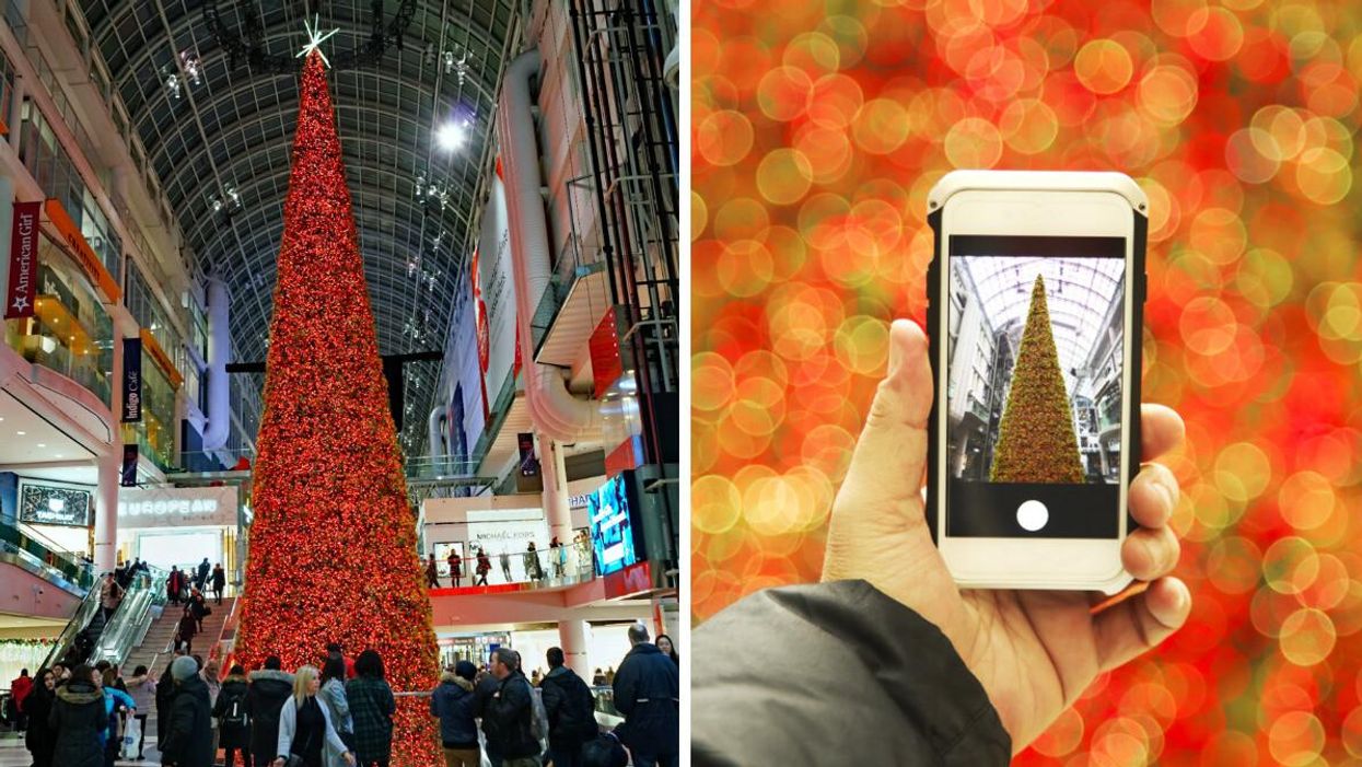 The Christmas tree in the Eaton Centre. Right: Someone taking a picture of the Christmas tree.