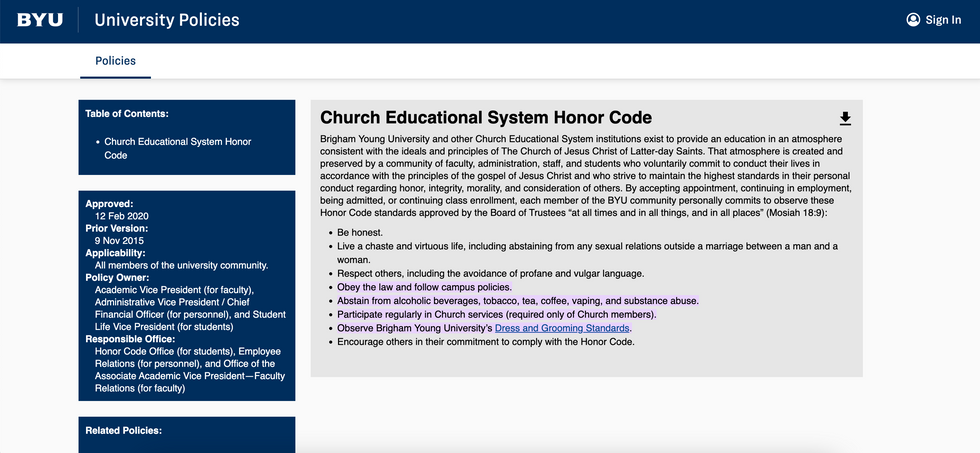 The Church Educational Honor Code on the BYU website.