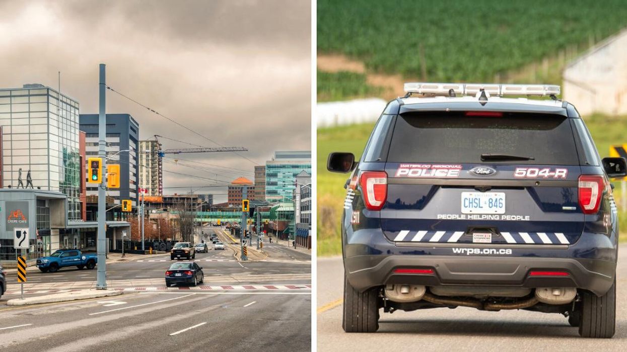 The city of Kitchener. Right: A Waterloo police cruiser