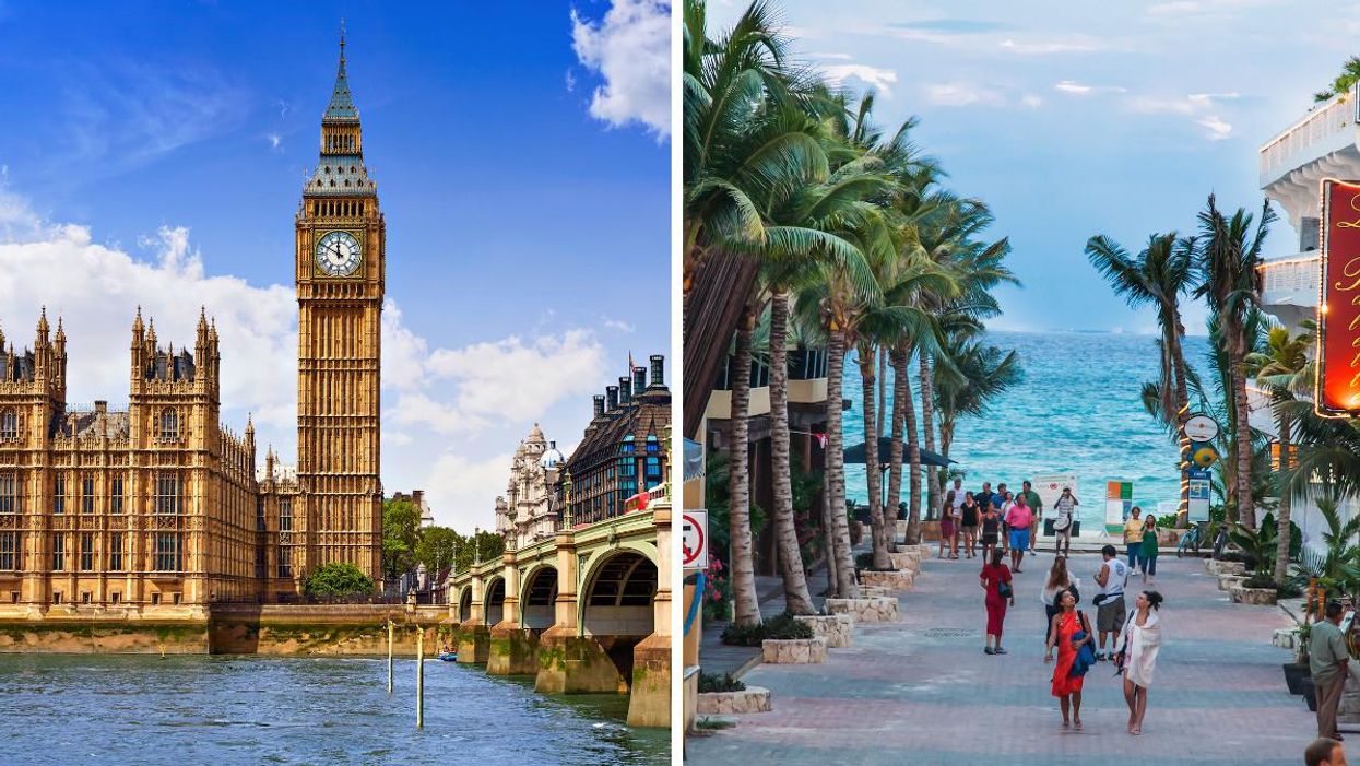 The city of London. Right: Tourists in Mexico.