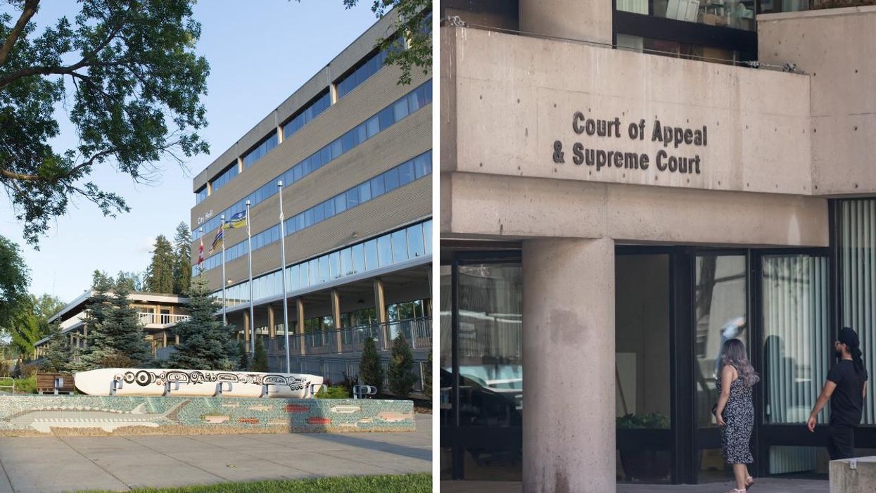The City of Prince George City Hall. Right: The BC Supreme Court building.