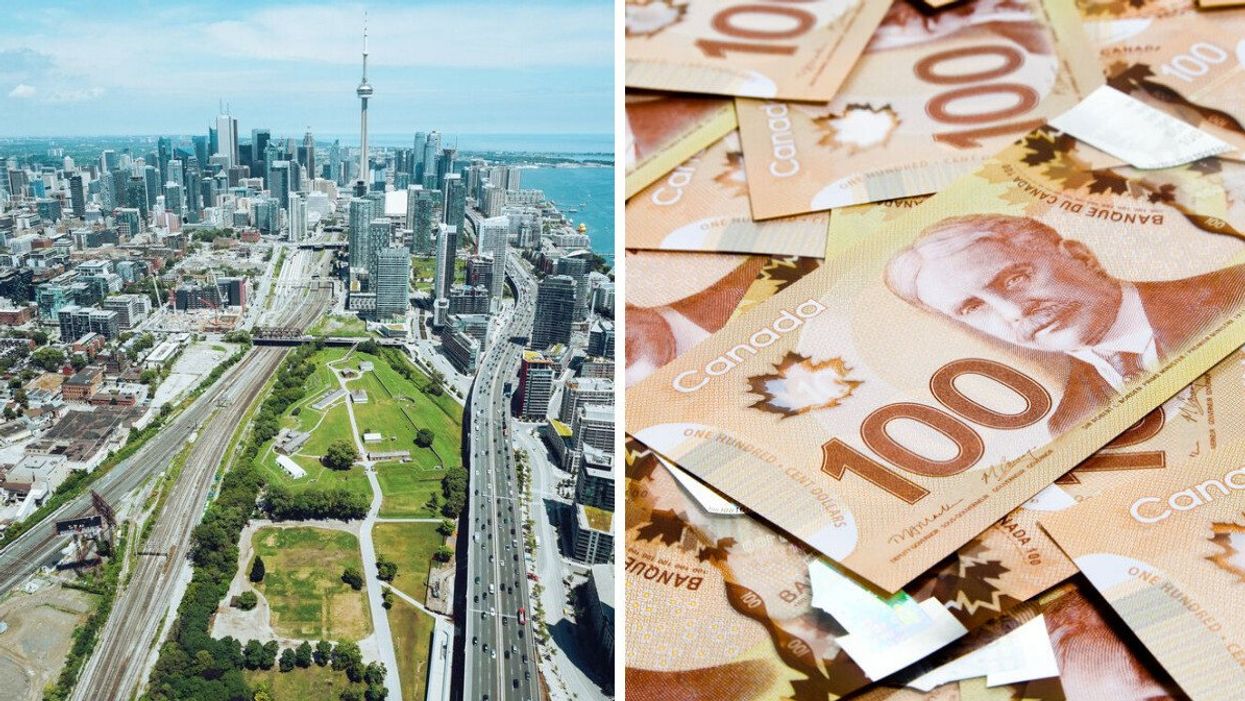 The city of Toronto. Right: Canadian 100 dollar bills.