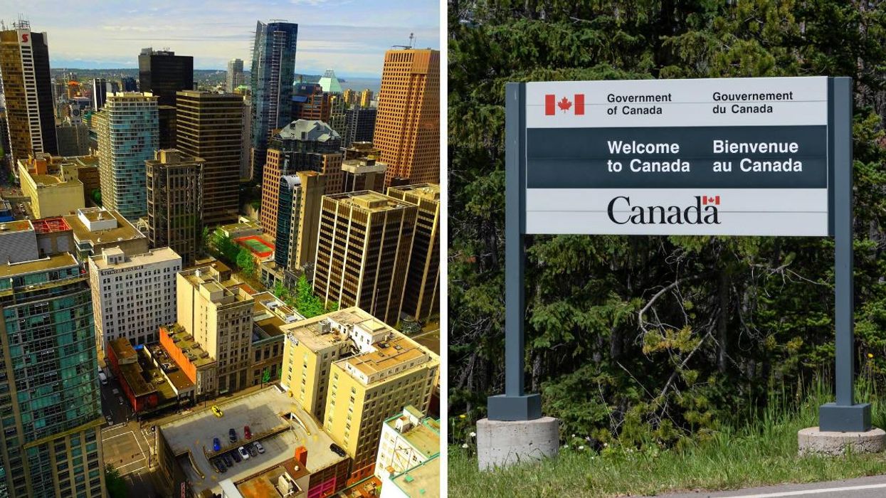 The city of Vancouver. Right: Government of Canada sign.