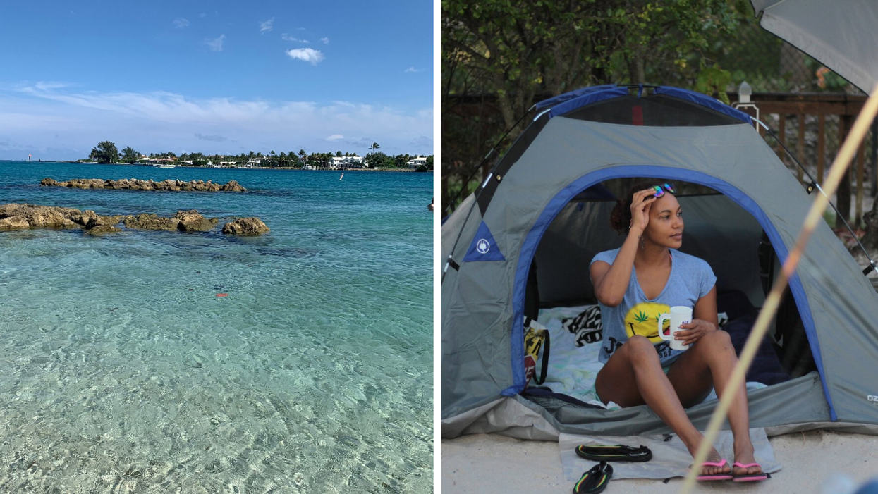 The clear water at Peanut Island. Right: A woman camping on Peanut Island.