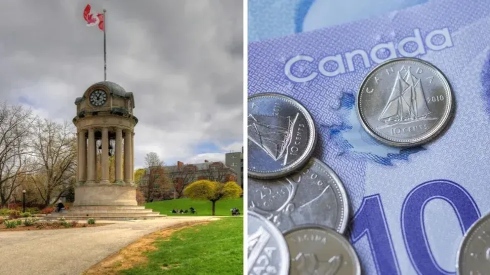 The Clock Tower at Kitchener, Ontario's Victoria Park. Right: Canadian bills and coins.