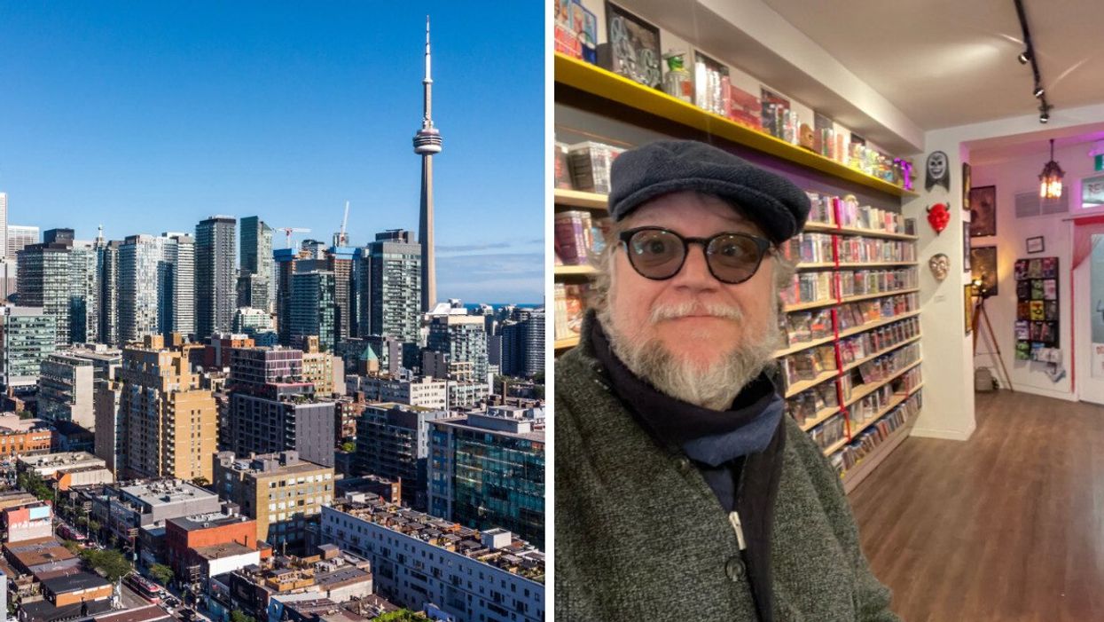 The CN Tower and tall buildings in Toronto. Right: A man in glasses and a cap taking a selfie in a video game store.