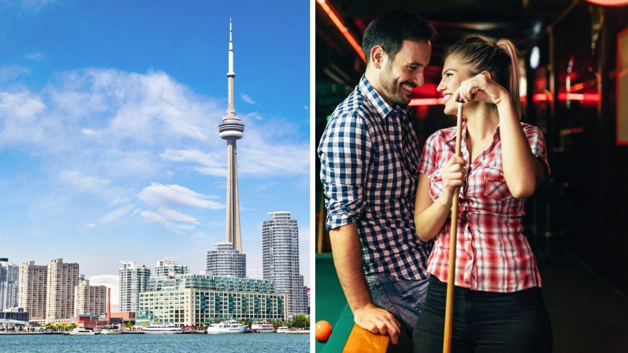 The CN Tower and the skyline of downtown Toronto. Right: A man and woman smiling at each other as they play pool.