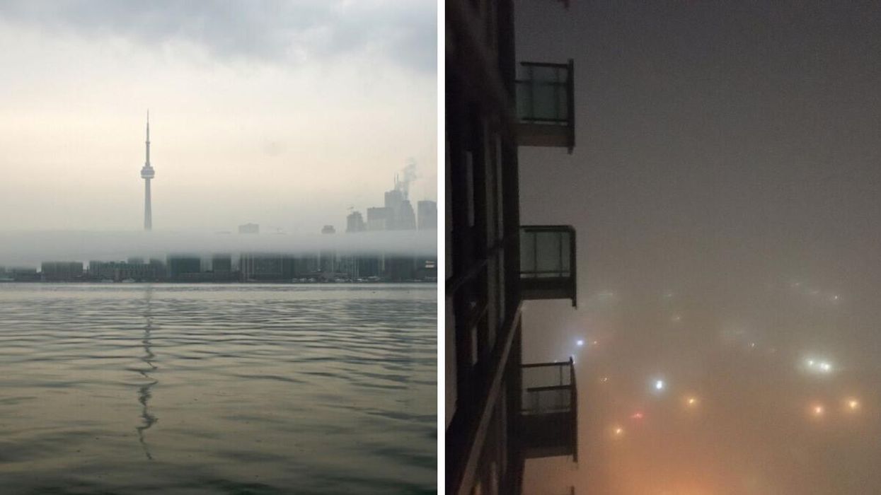 The CN Tower covered in fog. Right: The fog this morning.