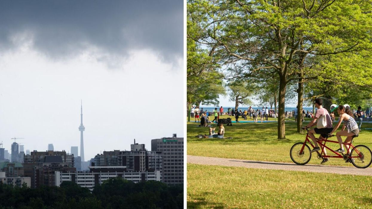 The CN Tower in the rain. Right: Bicycle riders on a sunny day.