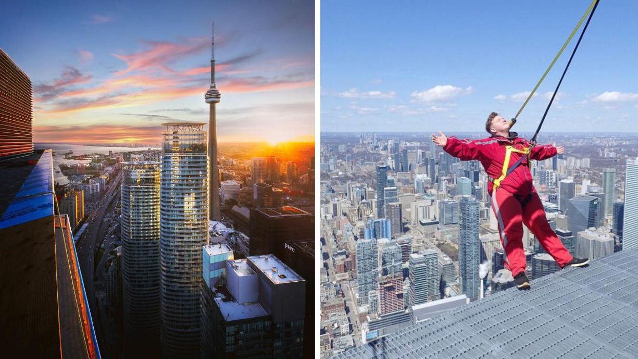 The CN Tower in Toronto, Ontario. Right: The EdgeWalk at the CN Tower.
