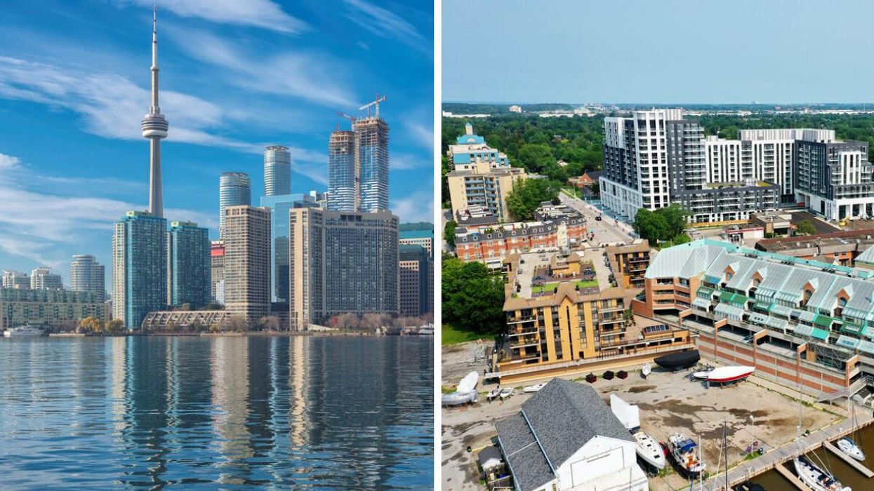The CN Tower in Toronto. Right: An aerial shot of Oakville.