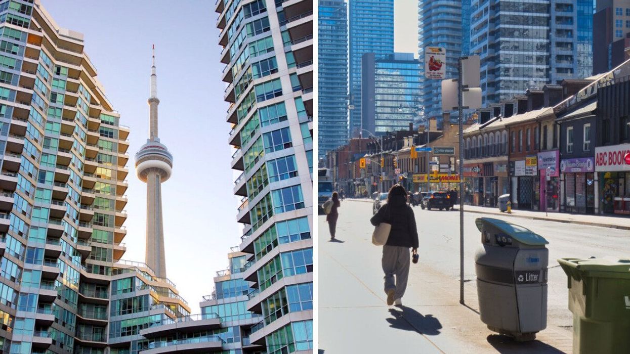 The CN Tower in Toronto. Right: People walking in downtown Toronto.