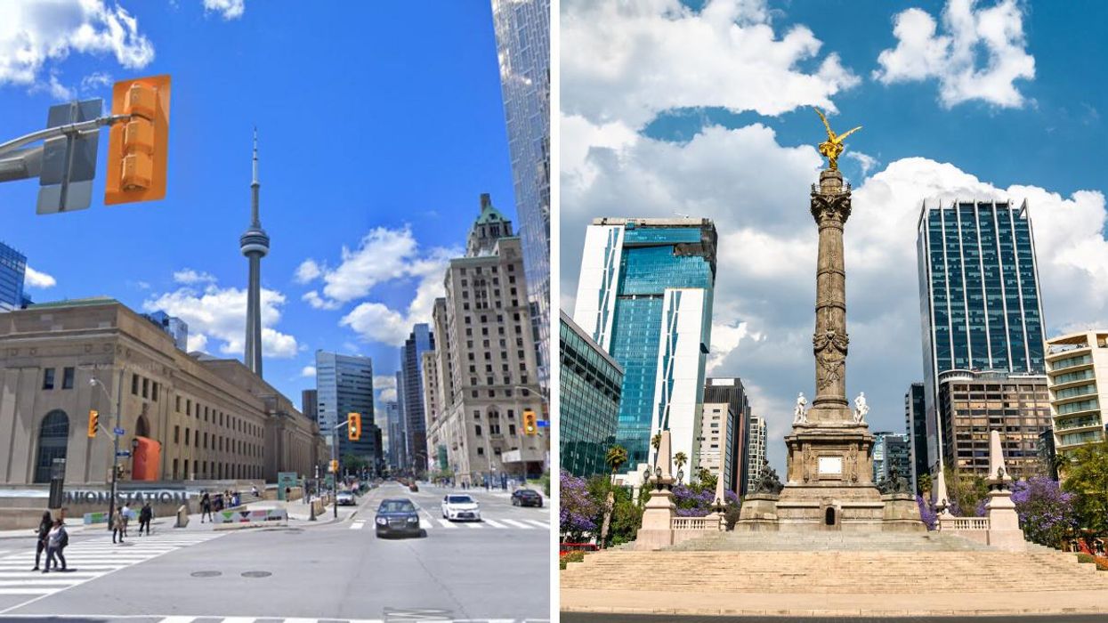 The CN tower in Toronto. Right: The Angel of Independence in Mexico City.