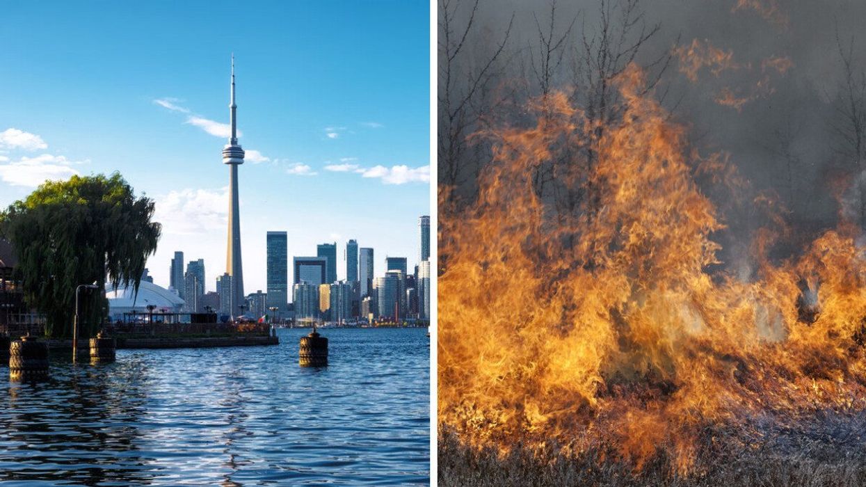 The CN Tower in Toronto. Right: Wildfires in Ontario.