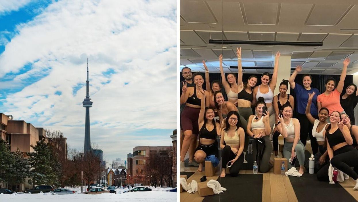 The CN tower in winter. Right: Employees at Sweat and Tonic