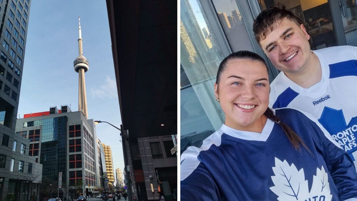 The CN Tower. Right: Narcity writer Tomás Keating with his partner.