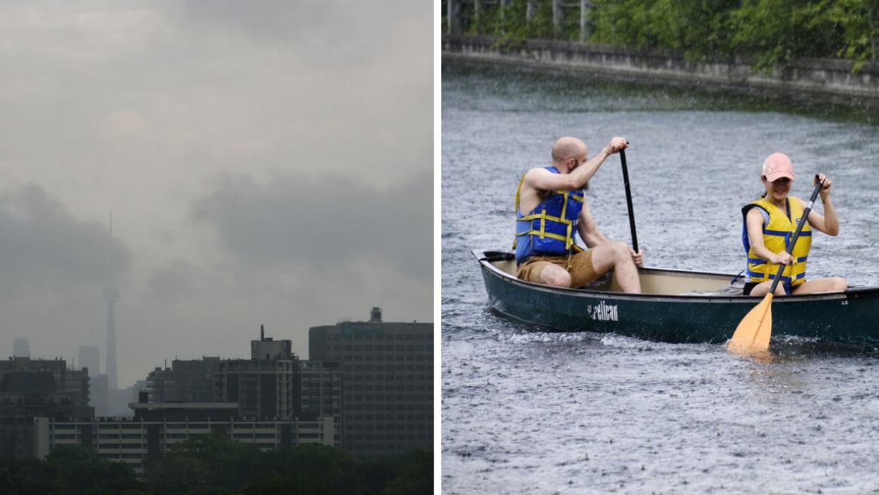 The CN Tower. Right: People paddling in a canoe on the Rideau Canal.