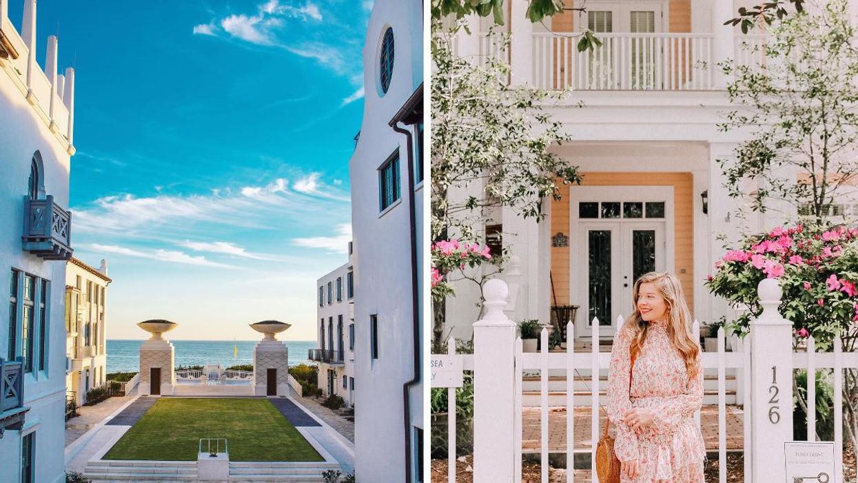 The coast at Seaside, Florida. Right: A woman in a floral dress poses in front of a bright house.