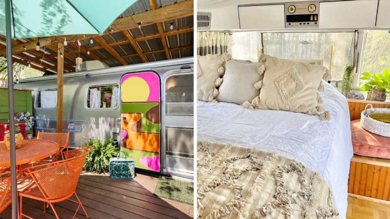 The colorful door of an Airstream Airbnb. Right: The bed inside of a glamping Airbnb.