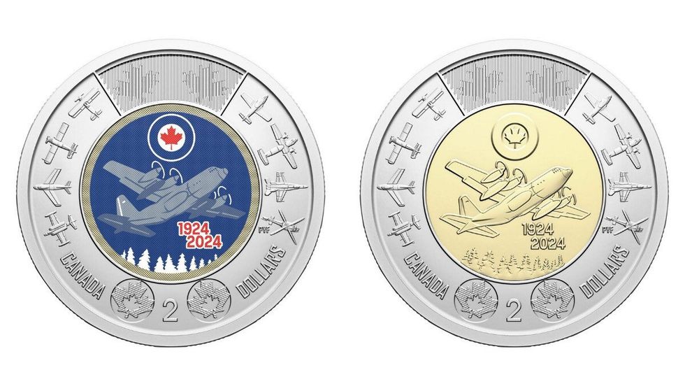 The colourful new circulation RCAF toonie (left) and the silver-and-gold version (right).