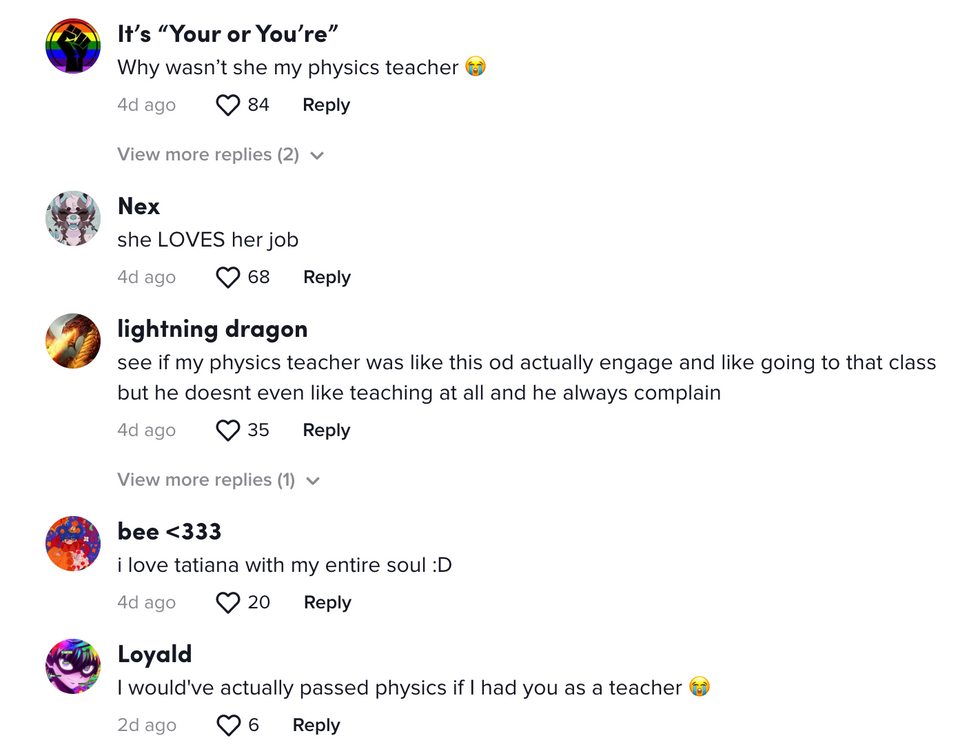 The comment section on a TikTok of Erukhimova's lecture.