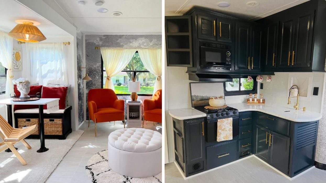 The common area of the tiny home. Right: The kitchenette in the tiny home.