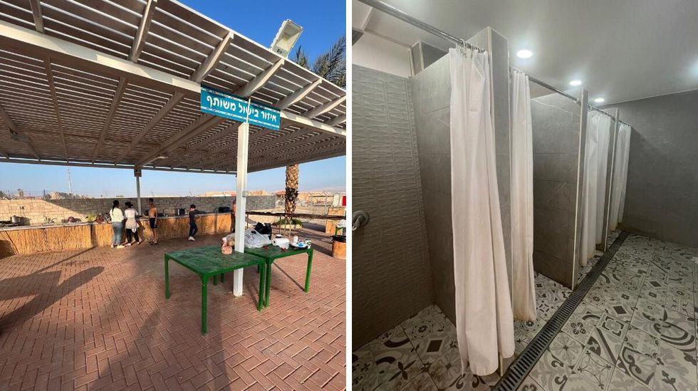 The communal cooking are at Camp Sahara in Israel. Right: The showers at Camp Sahara in Israel.