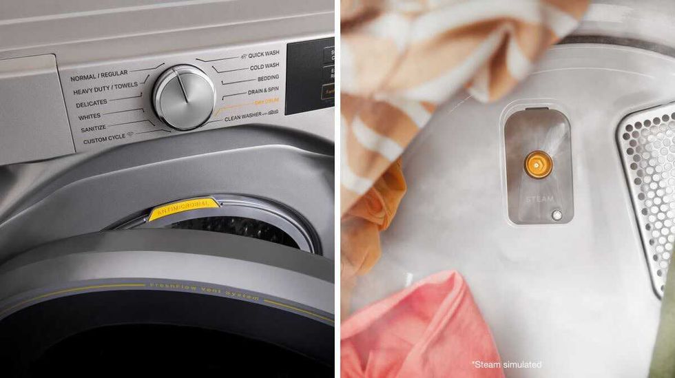 The control panel of a front-load washing machine. Right: The steam component inside a clothes dryer with simulated steam.