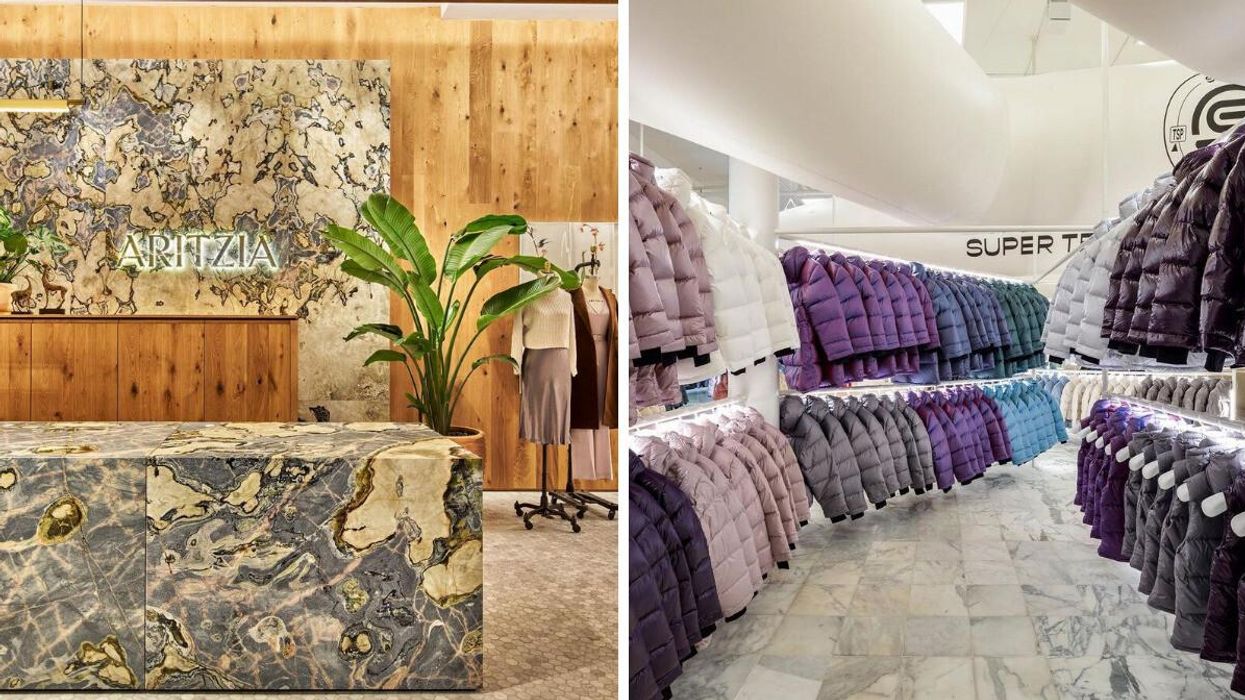 The counter at an Aritzia store. Right: Aritzia Super Puff jackets.