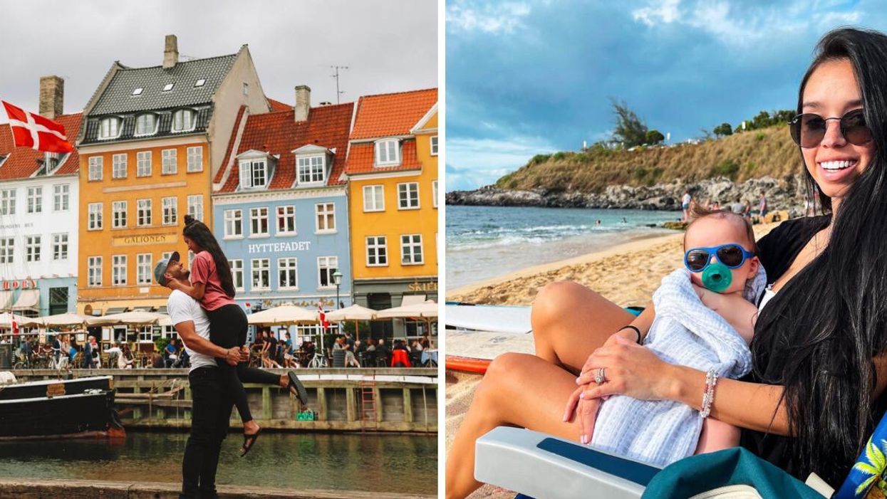 The couple in Denmark in front of colorful buildings. Right: Chloe and her kid Lennon on a beach.