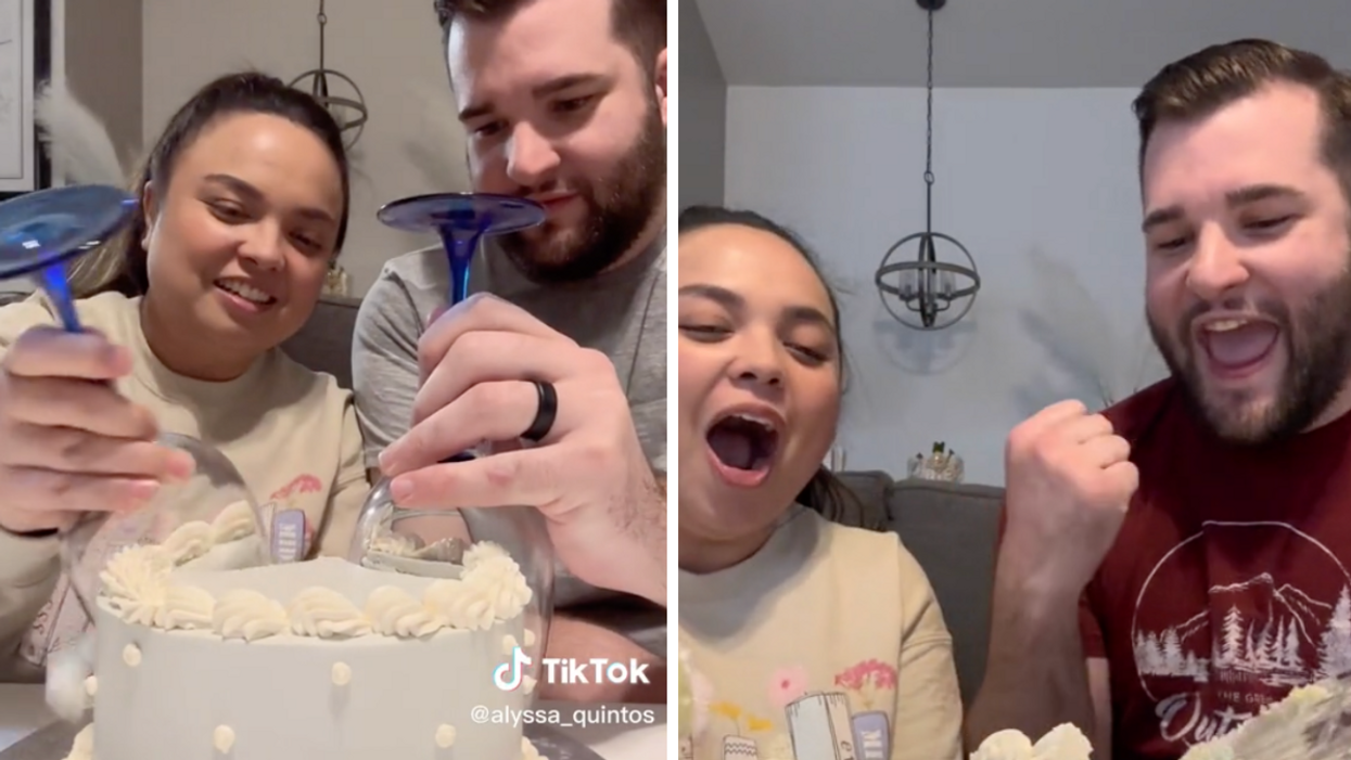 The couple using wine glasses to cut a cake. Right: The couple reacting to what's inside the cake.