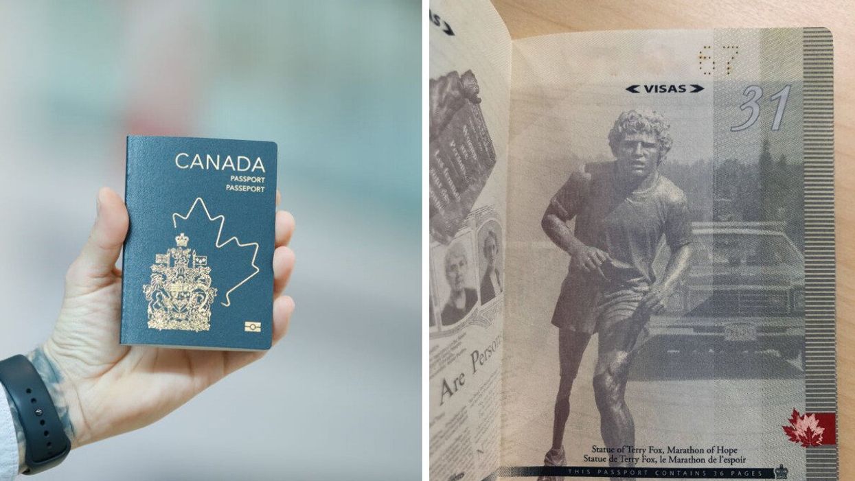 The cover of the new Canadian passport. Right: A page from Canada's passport featuring Terry Fox.
