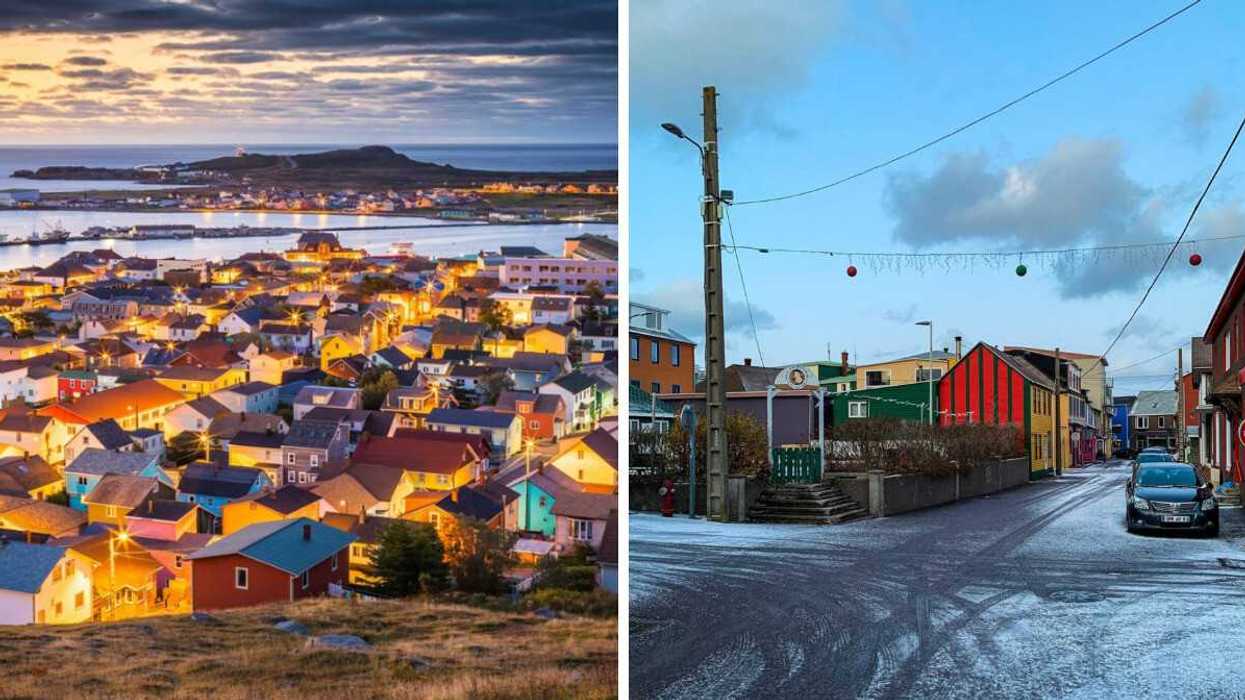 The cozy homes in Saint-Pierre and Miquelon. Right: A snow-dusted street in Saint-Pierre.