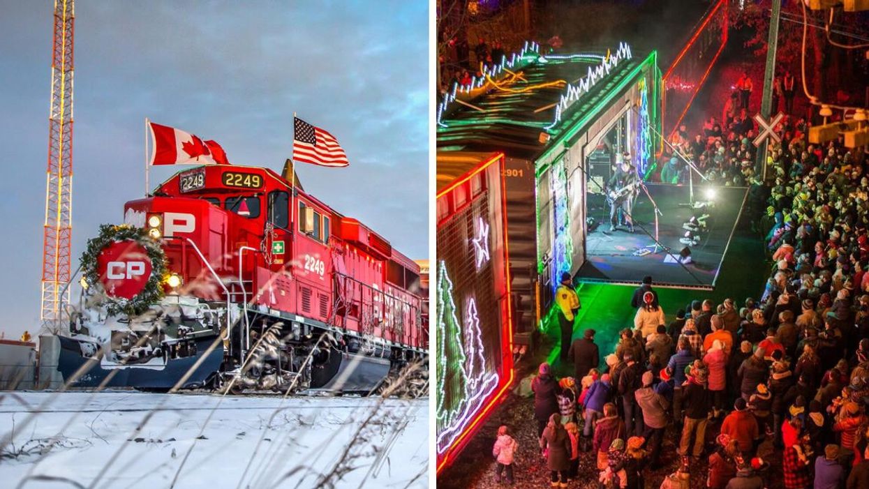 The CP Holiday Train. RIght: A concert at one of the CP Holiday Train stops.