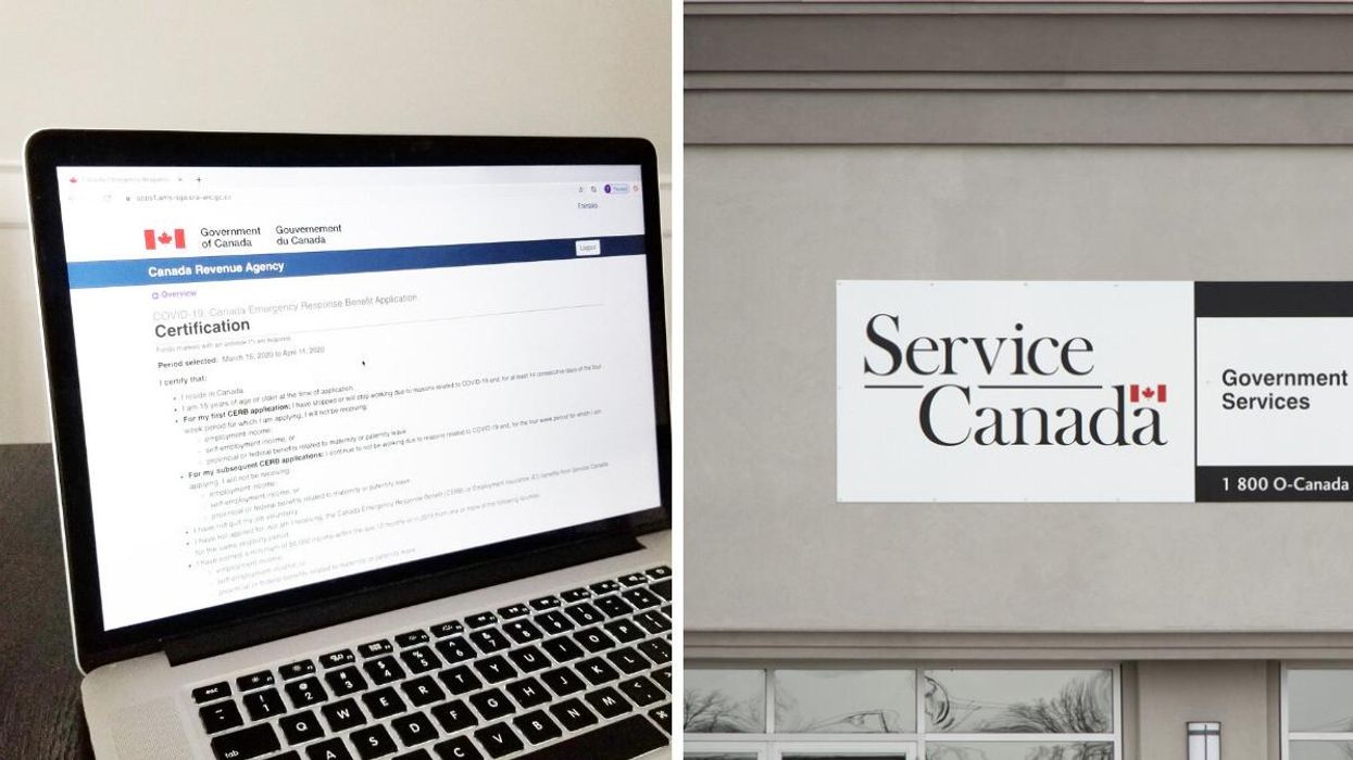 The CRA COVID-19 benefits website. Right: A Service Canada location.