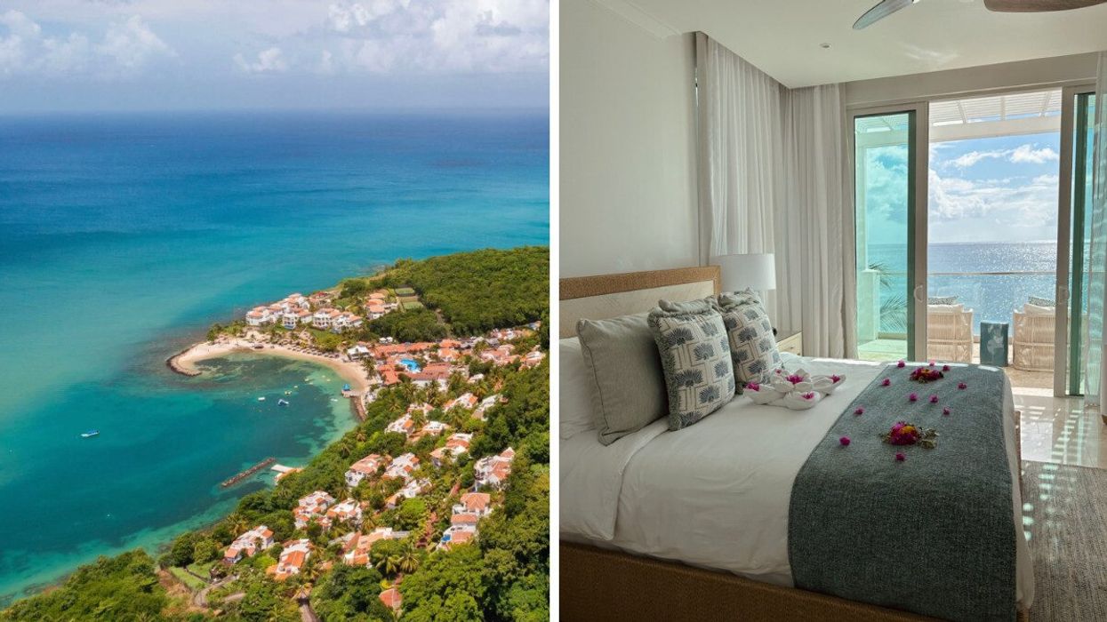 The crescent-shaped shoreline at Windjammer Landing resort. Right: A light, airy bedroom in a Windjammer Landing hillside villa.