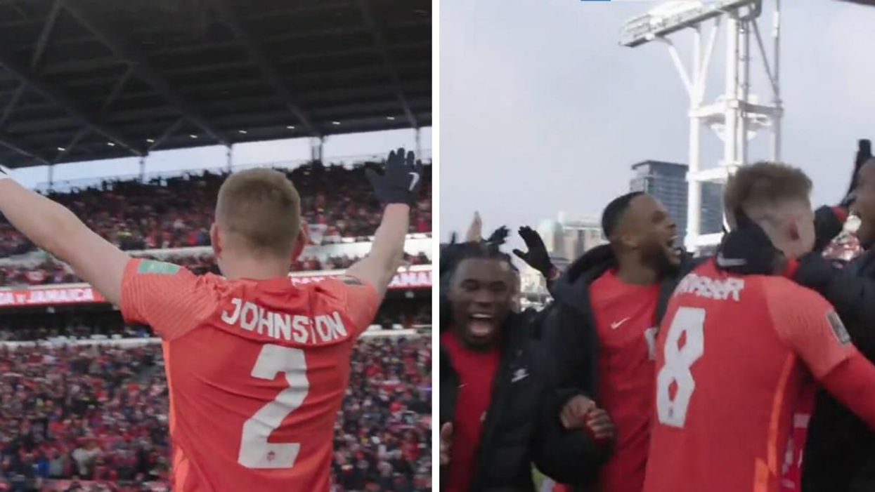 The crowd at BMO Field. Right: Team Canada celebrating.