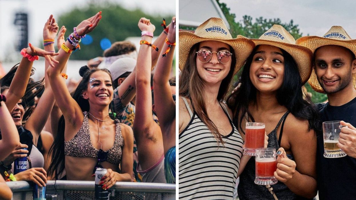The crowd at Veld Music Festival in Toronto. Right: Three people with brews in hand at the Toronto Festival of Beer.