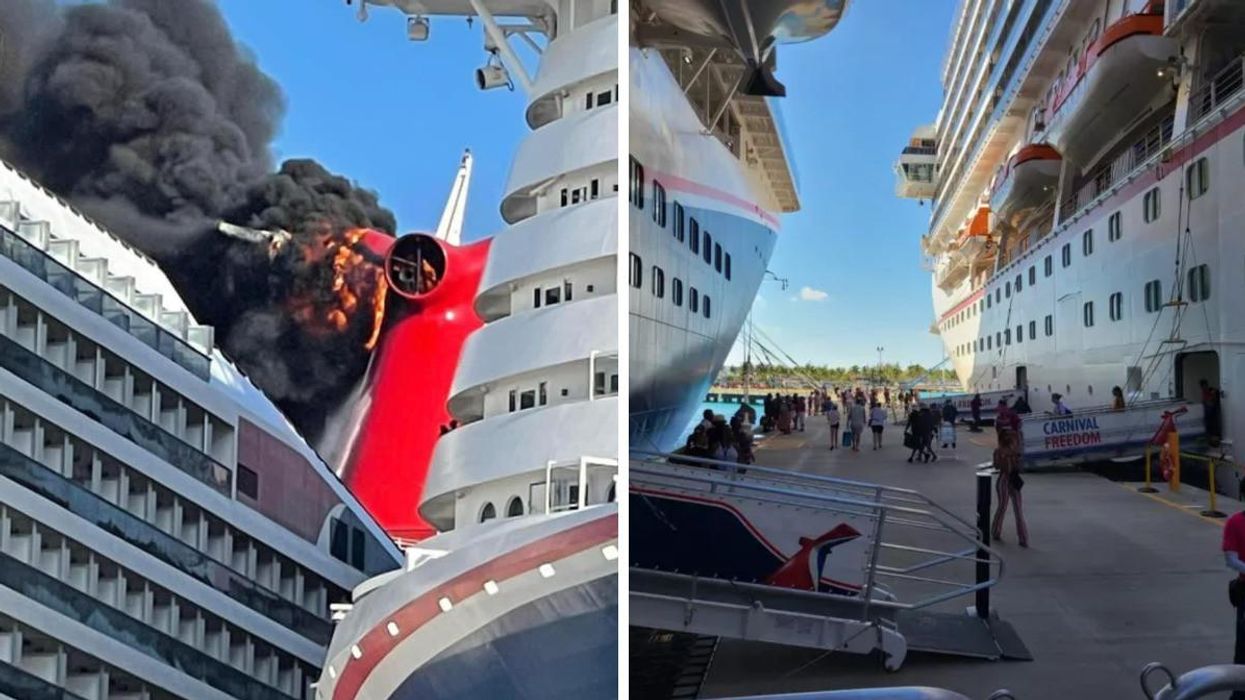 The cruise ship on fire. Right: The Carnival Freedom cruise ship.